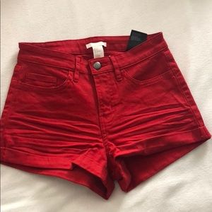 red jean shorts